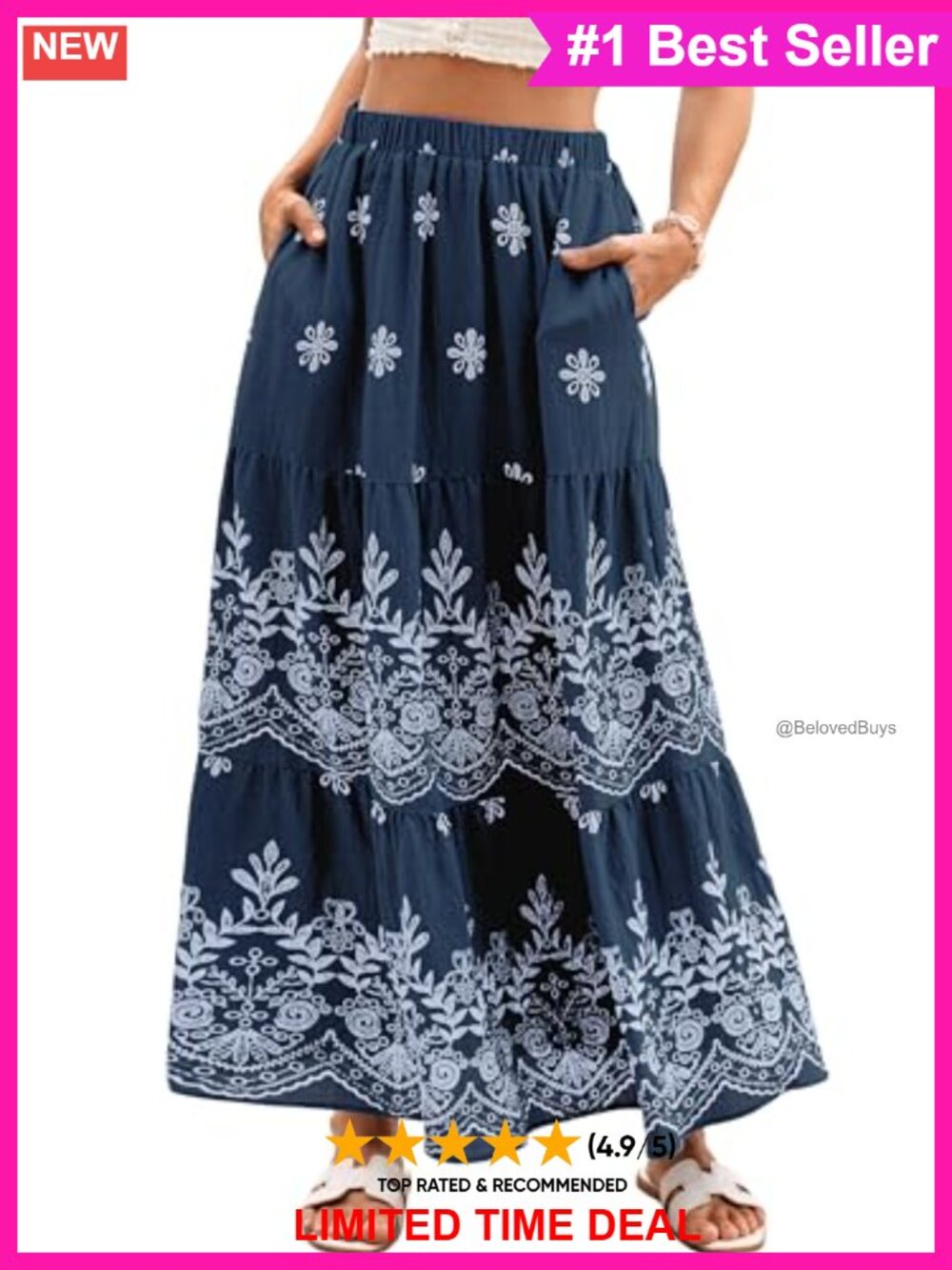 Boho Floral Maxi Skirt High Waisted A-Line Tiered Flowy Vacation Skirt
